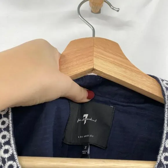 7 for all Mankind Embroidered Navy Blue balloon sleeve top smocked shacket